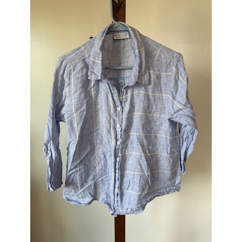 Habitat 100% Linen Blue White Windowpane Button Back Shirt Womens M